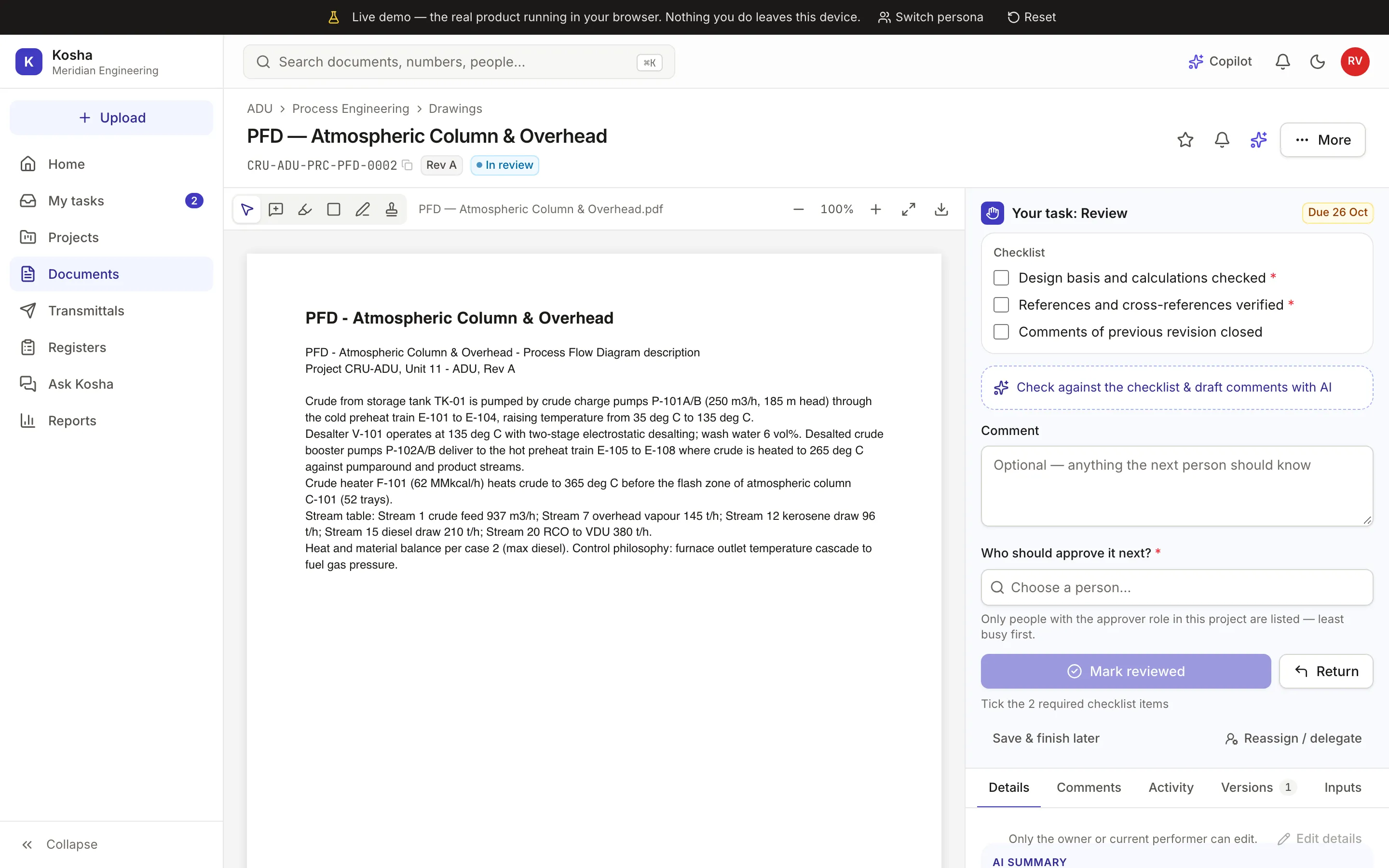 Kosha document page: a P&ID-style drawing in the viewer next to a review task with checklist, AI assistant and the person to approve next.